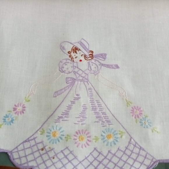 Long Embroider Purple & White Table Runner Cotton Linen Table Antique Vintage - Picture 8 of 10